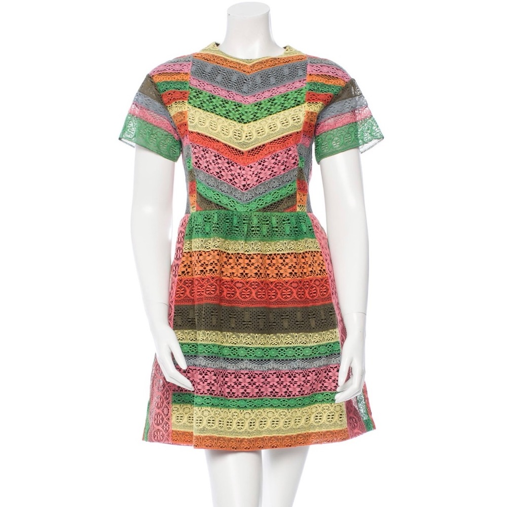 VALENTINO Short A-Line Dress Size IT 40 / S Lace Overlay Rainbow Stripes, $6930